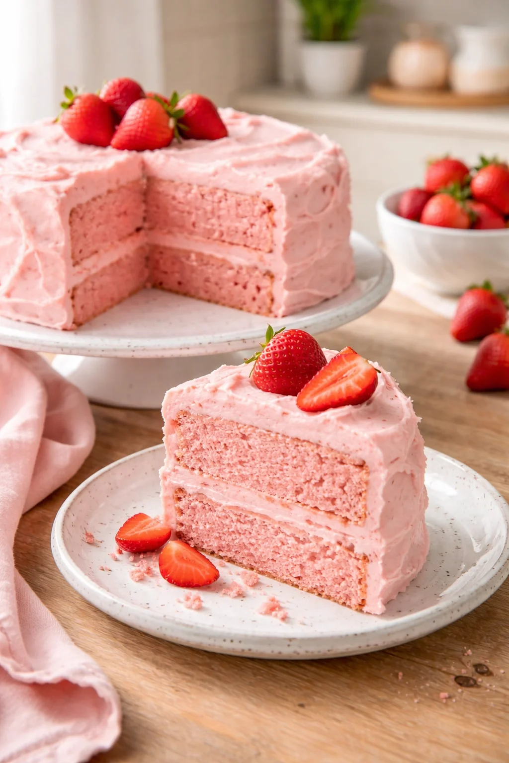 Delicious strawberry cake topped with fresh strawberries and whipped cream.