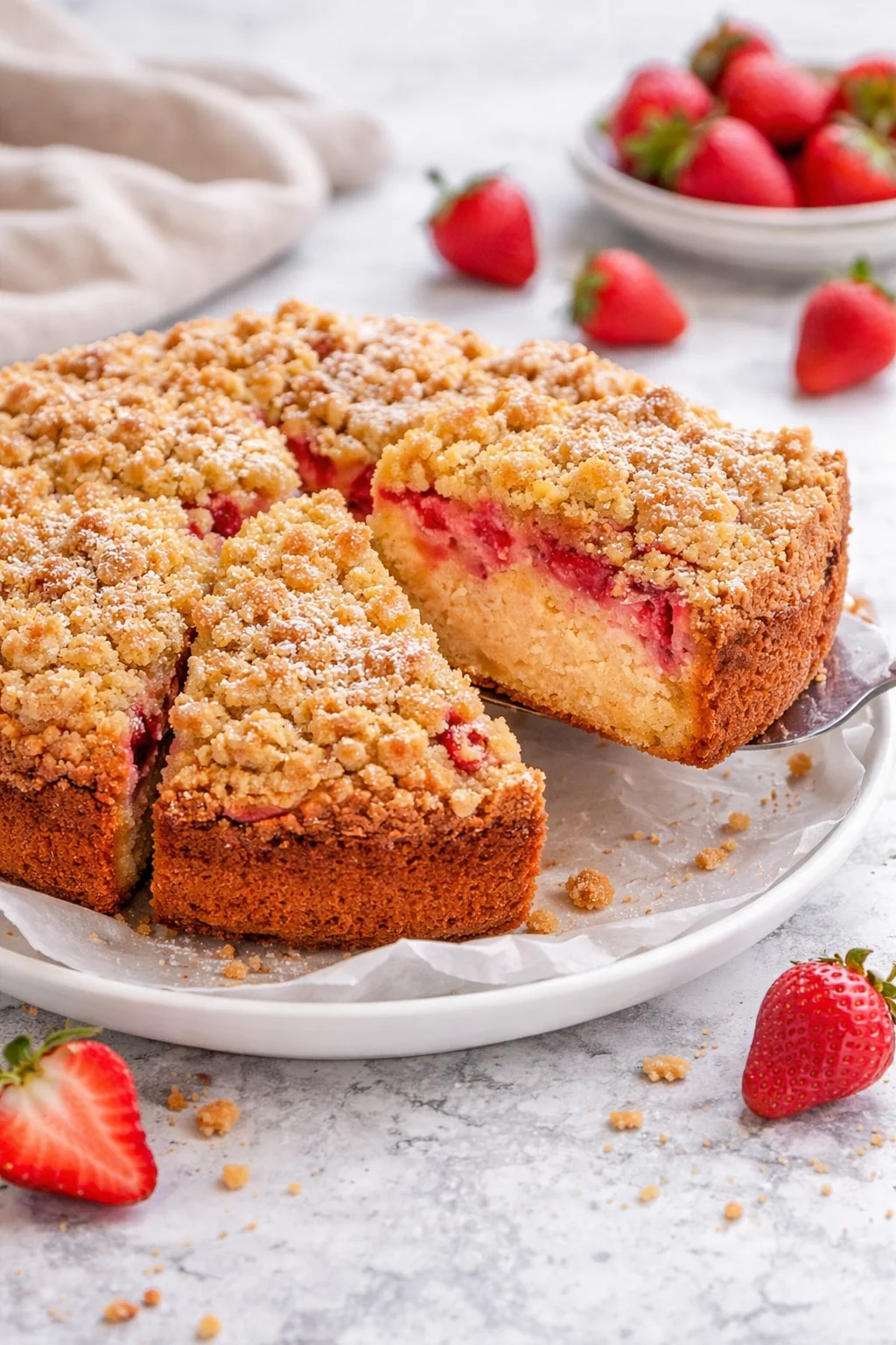 Delicious strawberry crumble cake topped with buttery crumble and fresh strawberries