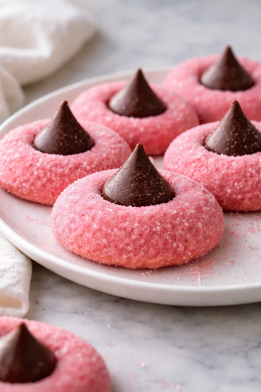Delicious strawberry kiss cookies topped with strawberries and chocolate.