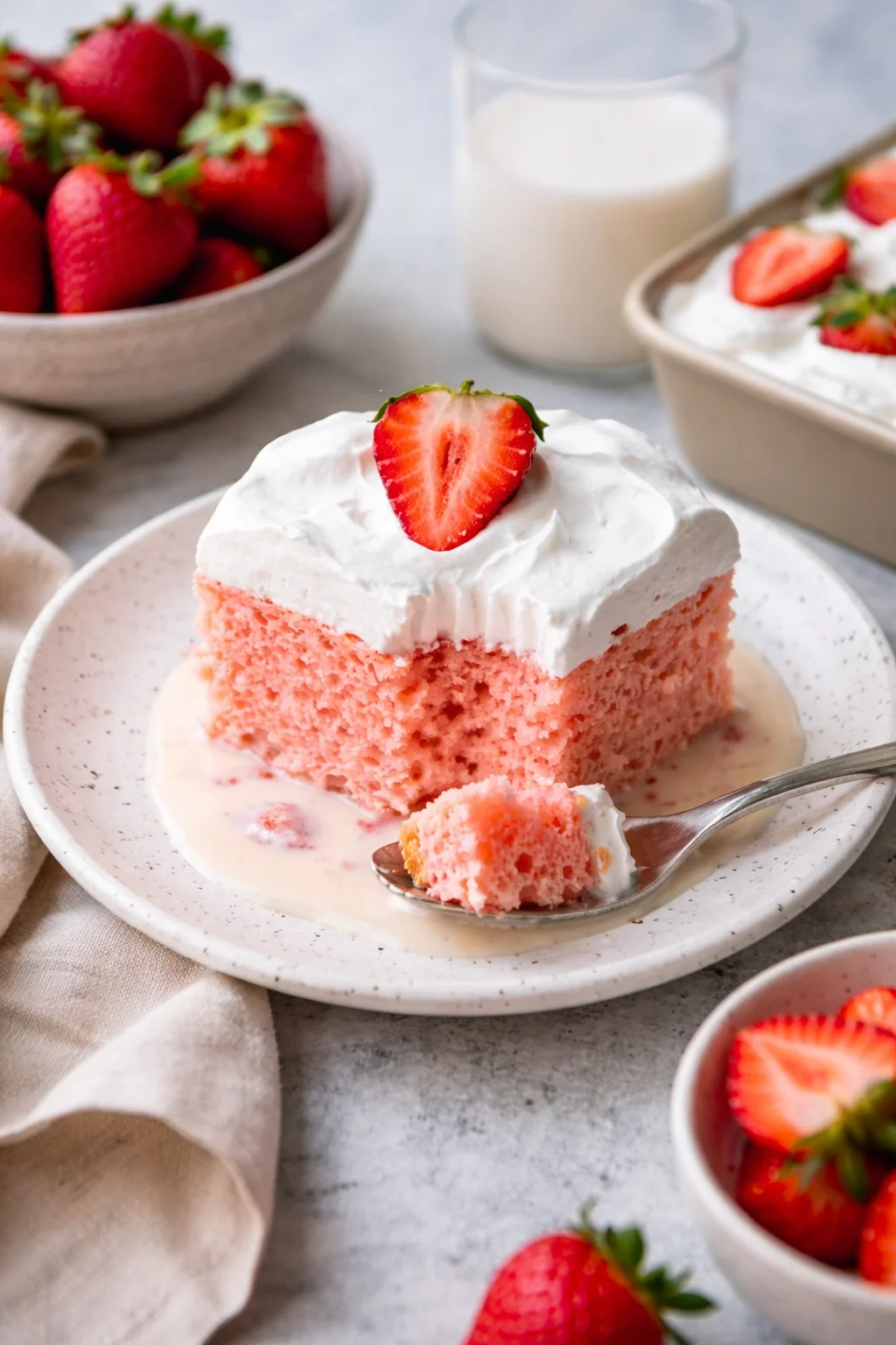 Delicious Strawberry Three Milks Cake topped with fresh strawberries and cream