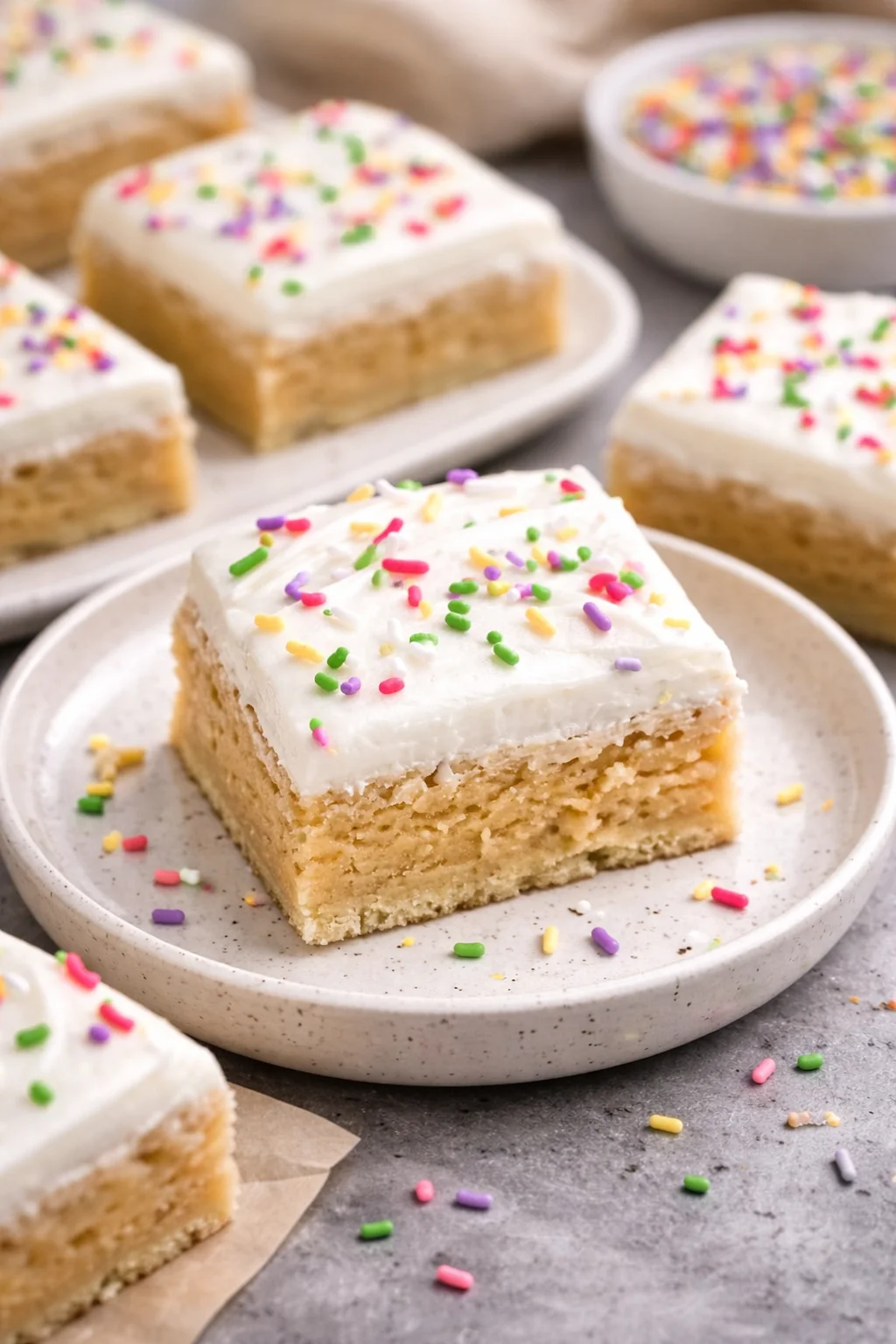 Delicious homemade sugar cookie bars with frosting and sprinkles