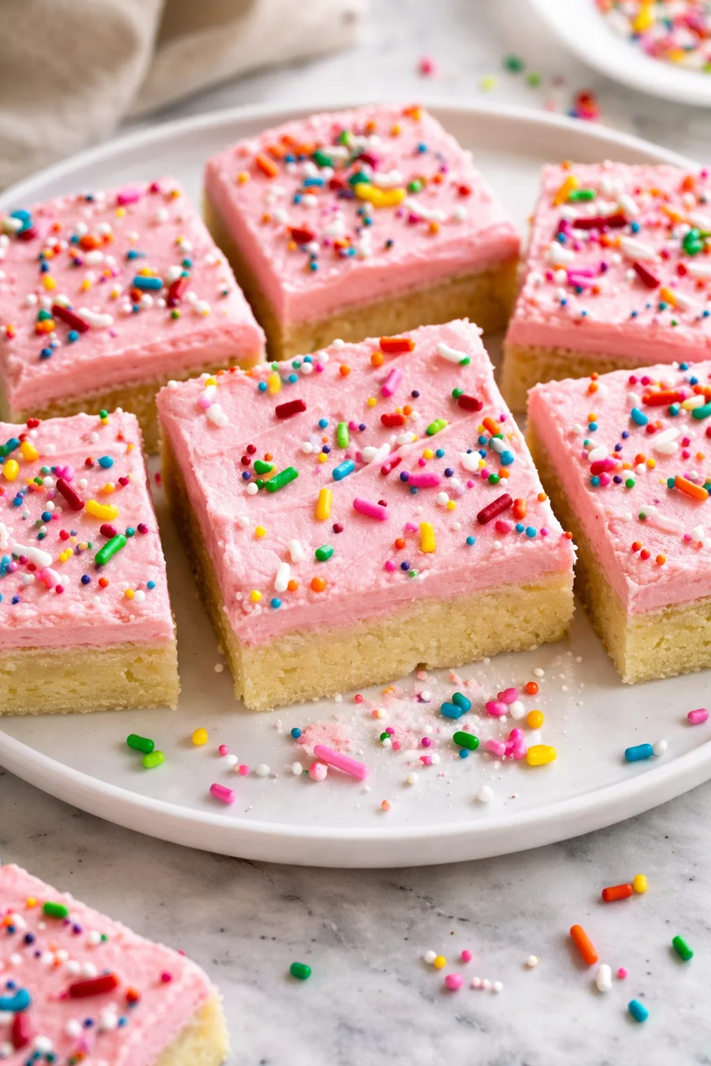 Delicious homemade sugar cookie bars topped with colorful icing and sprinkles.