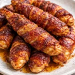 Sweet and spicy bacon wrapped chicken tenders on a plate