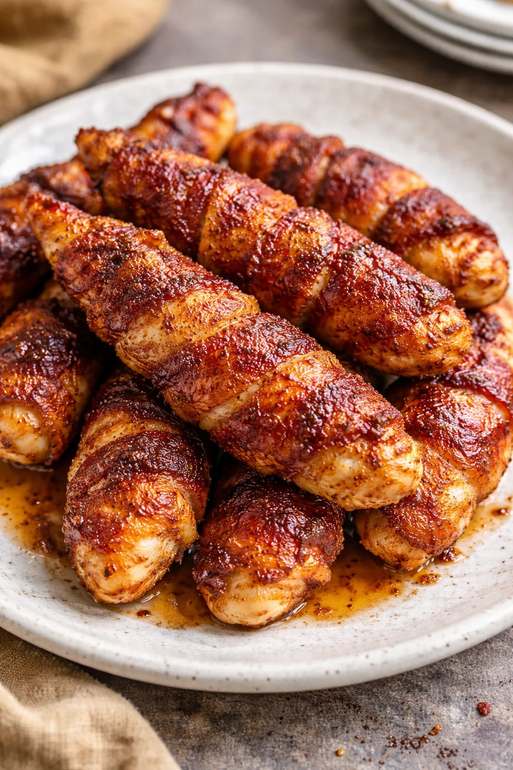 Sweet and spicy bacon wrapped chicken tenders on a plate