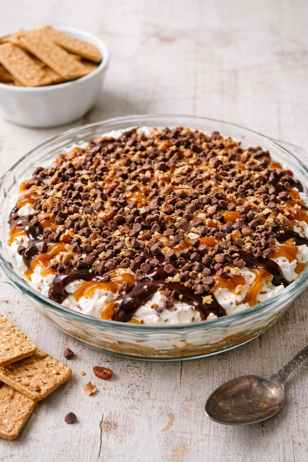 Delicious Turtle Cheesecake Dip in a serving bowl with caramel and nuts