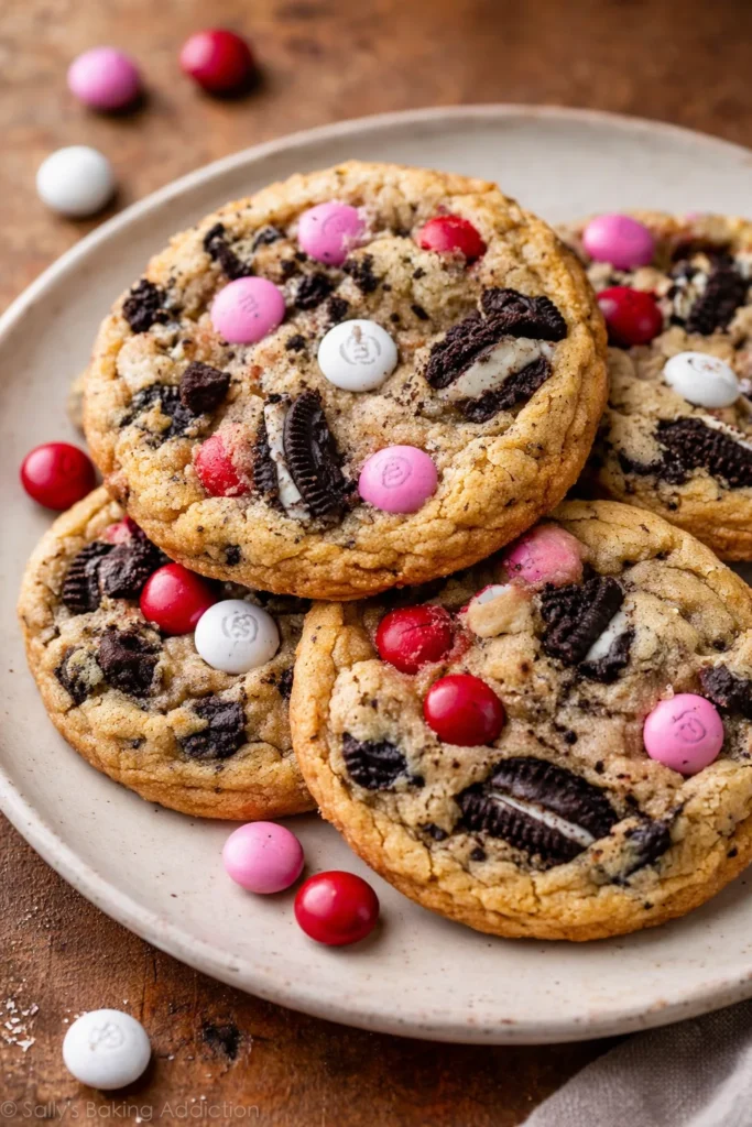 Valentine’s Day Oreo M&M's Cookies decorated with heart shapes and colorful M&M's
