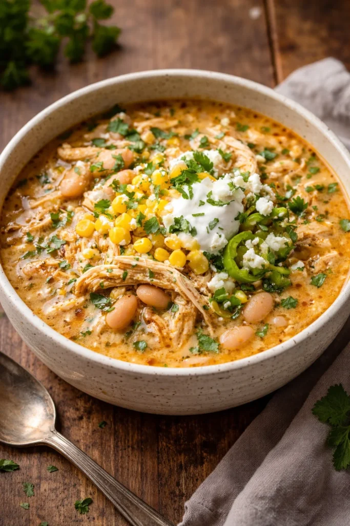 Bowl of creamy white chicken chili topped with cilantro and lime wedges