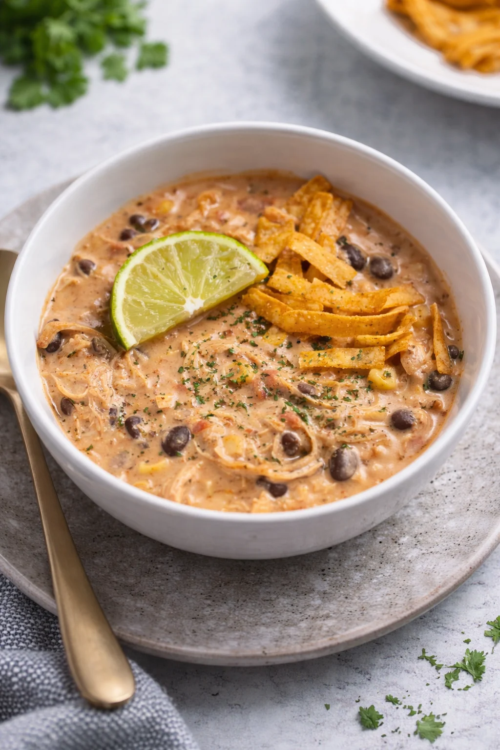 Bowl of creamy white chicken chili with cream cheese topped with cilantro.
