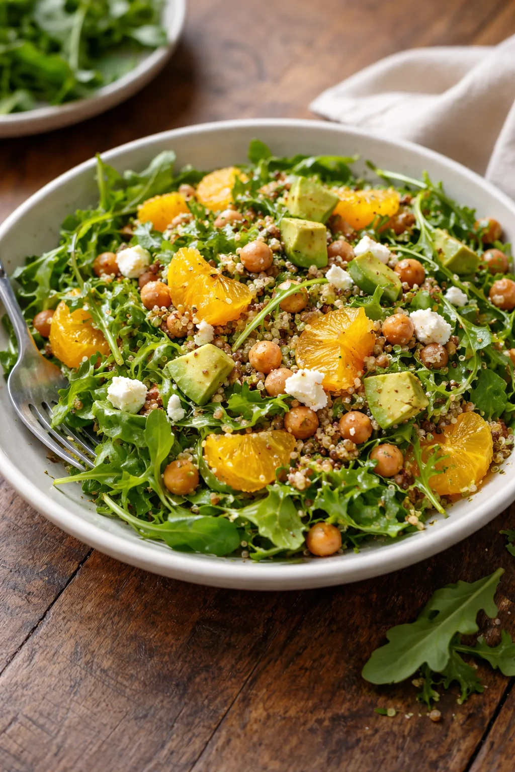 Arugula citrus salad with fresh oranges and lemons in a bowl.