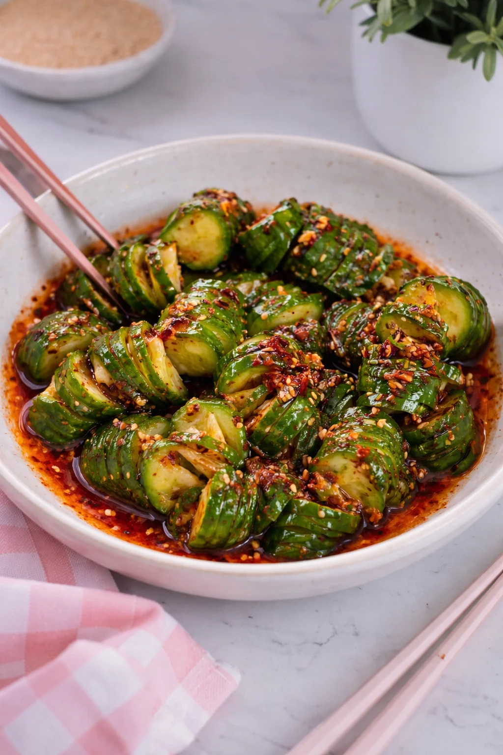 Asian spicy cucumber salad with vibrant ingredients on a plate.