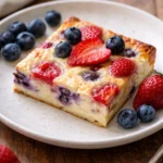 Delicious baked yogurt dessert topped with fresh fruits