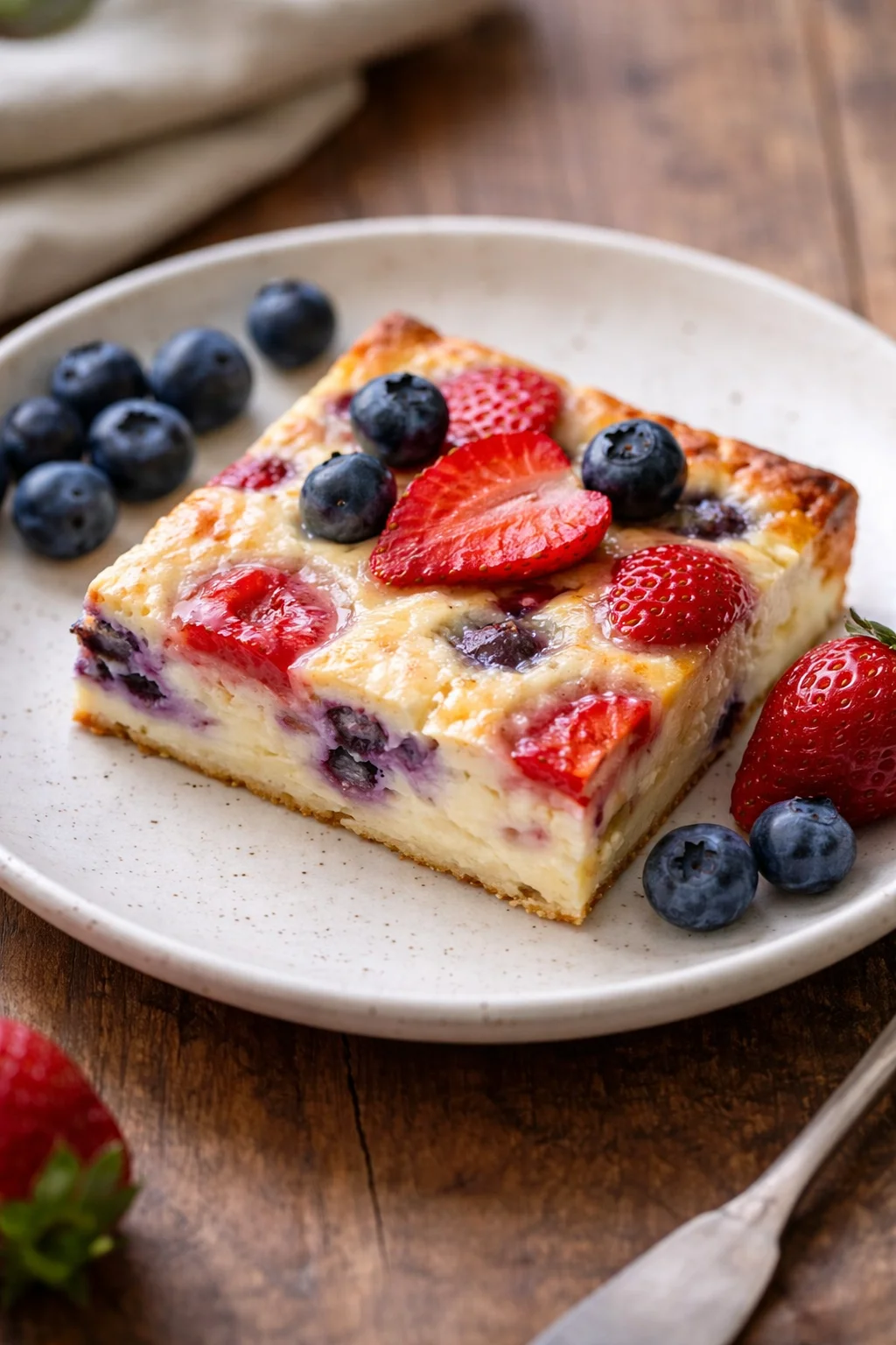 Delicious baked yogurt dessert topped with fresh fruits