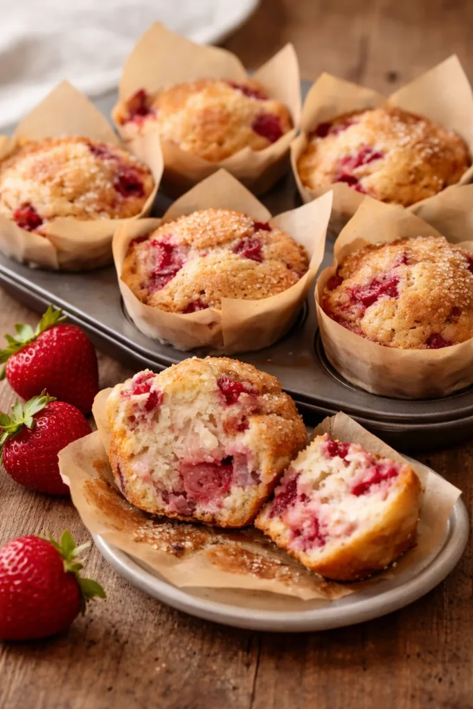 Delicious bakery-style strawberry muffins fresh out of the oven