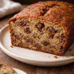 Loaf of freshly baked banana bread on a wooden cutting board