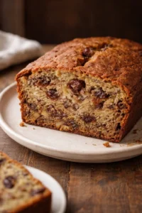 Loaf of freshly baked banana bread on a wooden cutting board