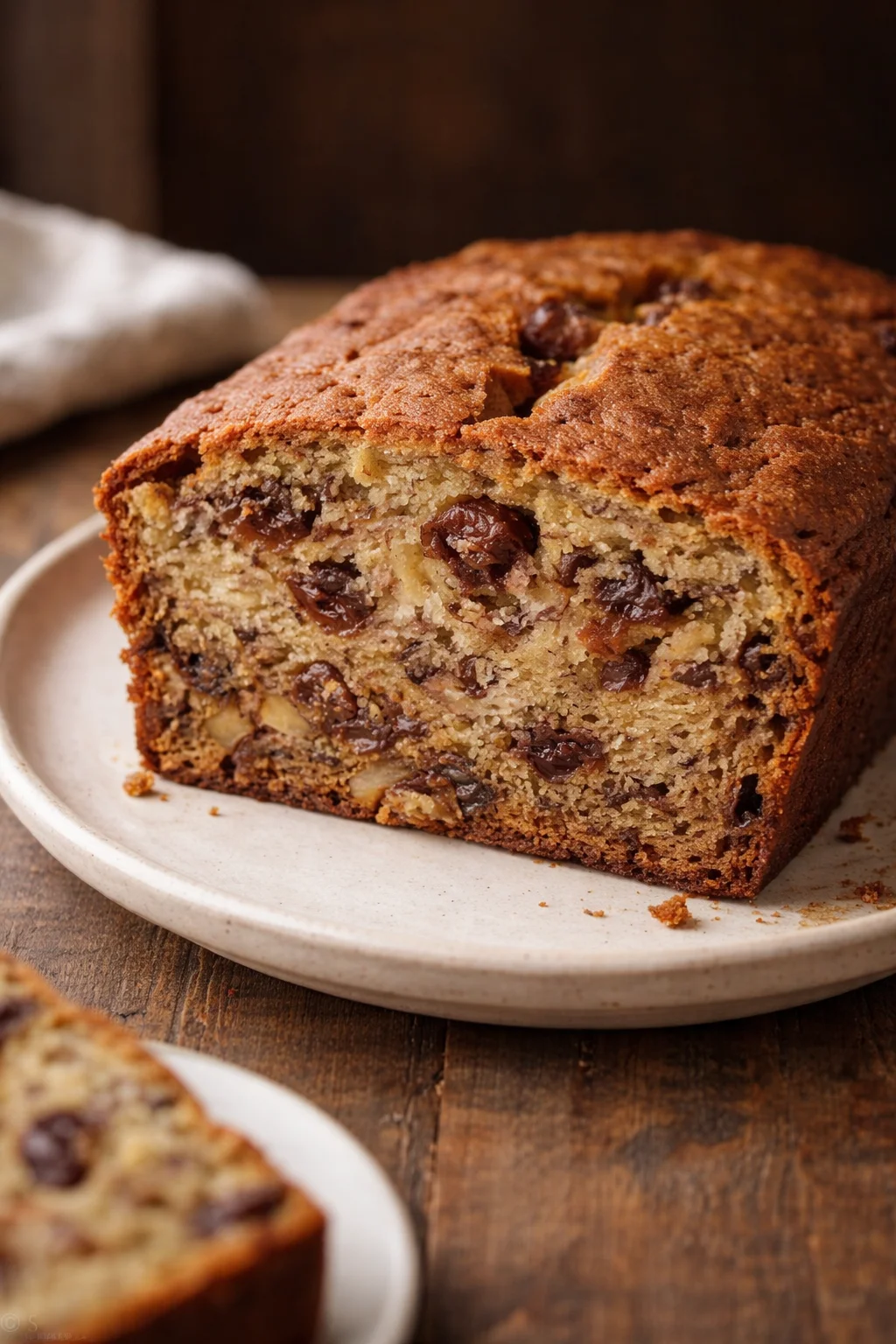 Loaf of freshly baked banana bread on a wooden cutting board