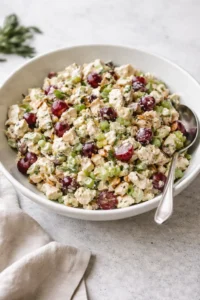 Delicious homemade chicken salad with fresh vegetables and herbs