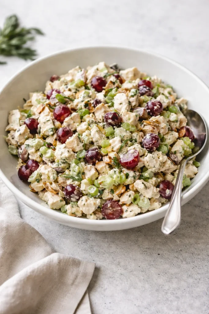 Delicious homemade chicken salad with fresh vegetables and herbs