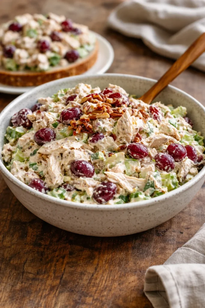 Delicious bowl of best ever chicken salad with fresh ingredients.