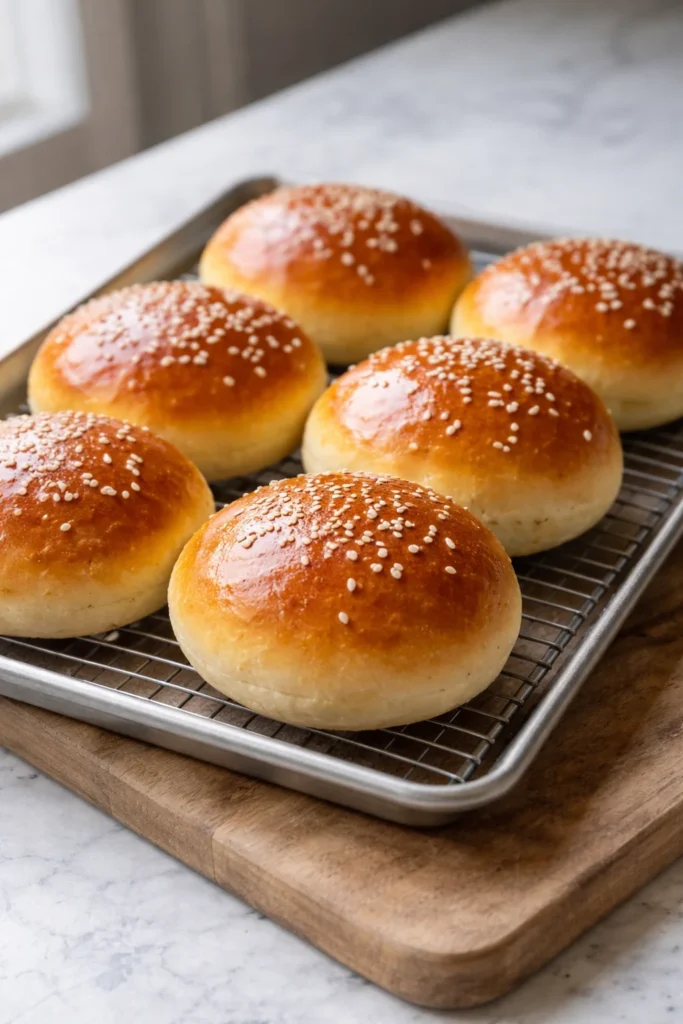 Fluffy homemade burger buns freshly baked on a wooden table