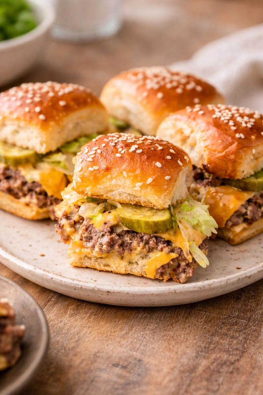 Big Mac sliders served on a platter with lettuce and cheese