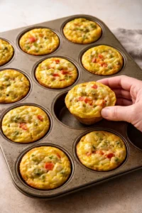 Delicious breakfast egg muffins served on a plate with fresh vegetables.