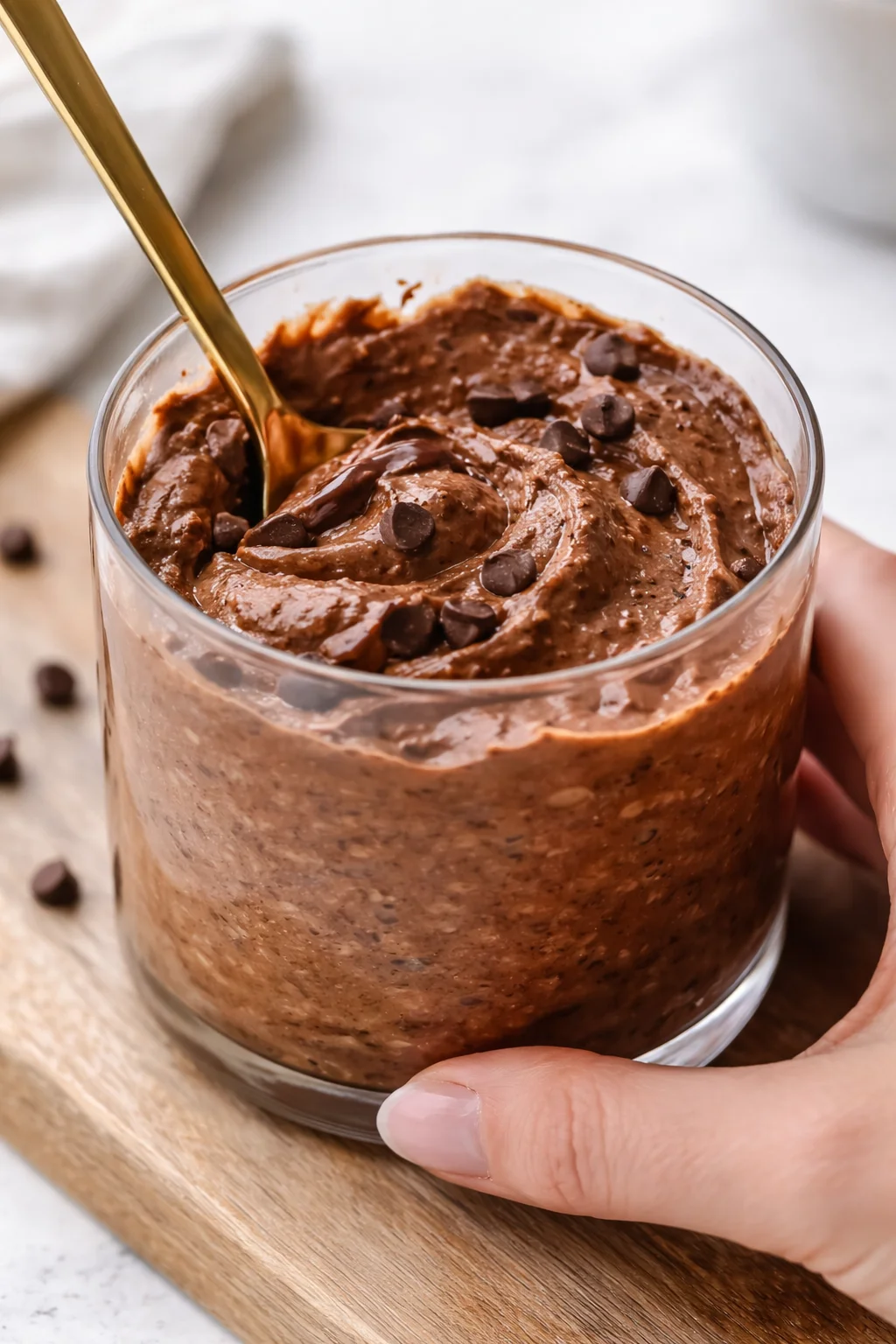 Delicious Brownie Batter Overnight Oats topped with chocolate and nuts