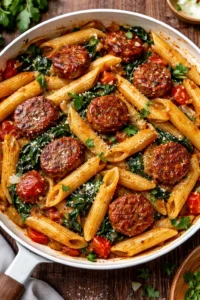 A plate of flavorful Cajun sausage pasta garnished with fresh herbs.