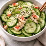 Fresh California Roll Cucumber Salad with avocado, crab, and cucumber slices.