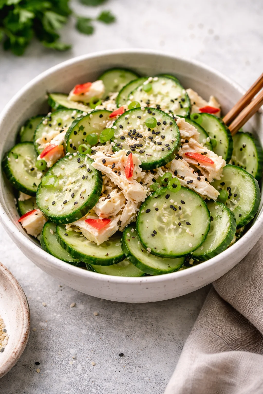 Fresh California Roll Cucumber Salad with avocado, crab, and cucumber slices.