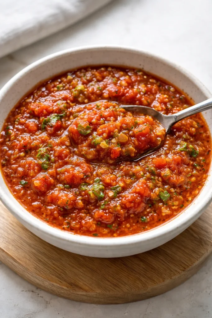 Canned tomato salsa in a jar, fresh ingredients visible