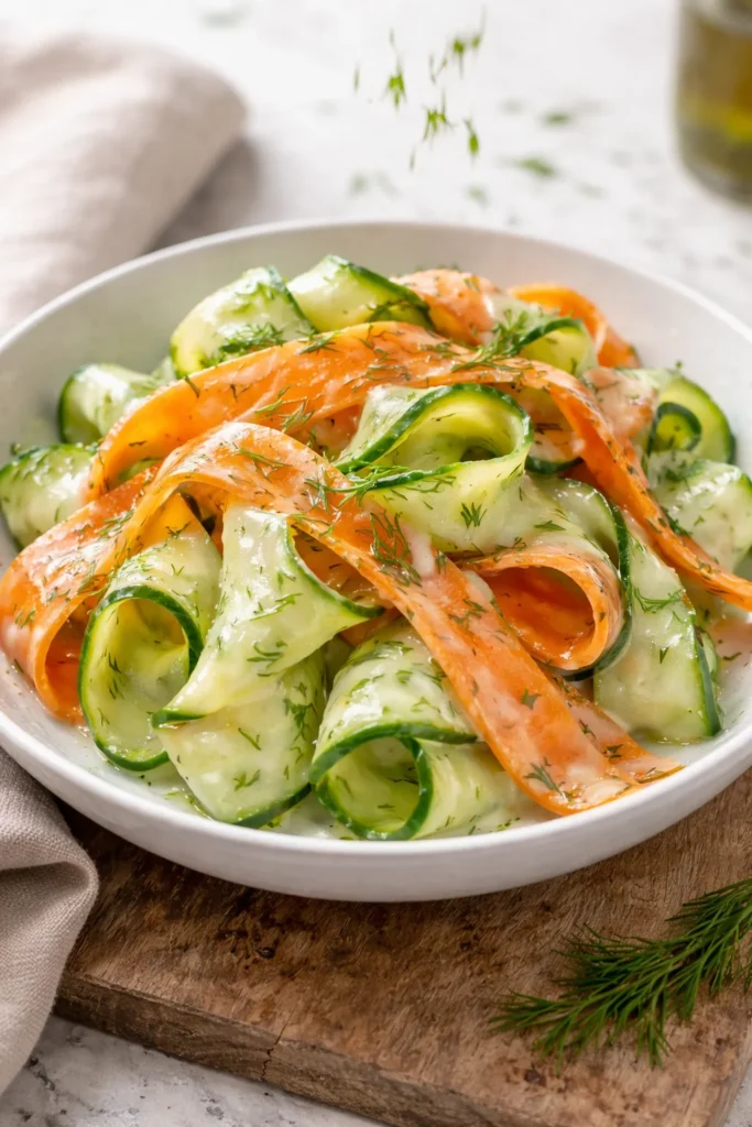 Carrot and Cucumber Ribbon Salad with fresh herbs and dressing