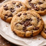 Freshly baked chewy chocolate chip cookies on a cooling rack.