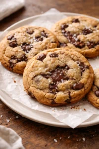 Freshly baked chewy chocolate chip cookies on a cooling rack.
