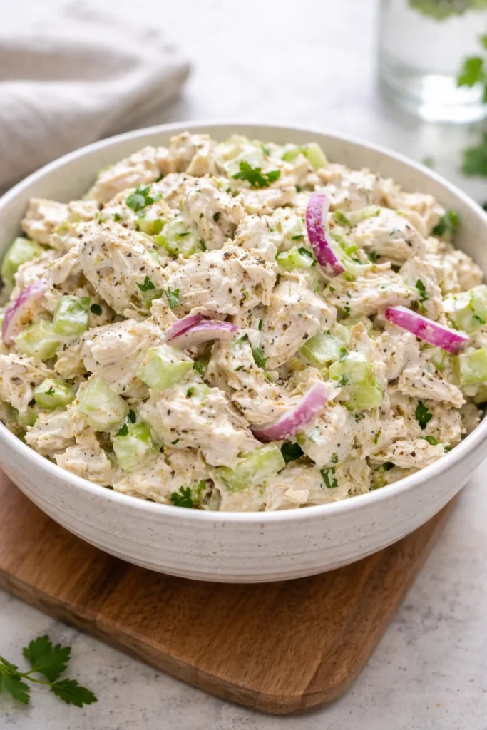 Delicious chicken salad served in a bowl with fresh ingredients and garnishes.