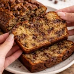 Delicious slice of chocolate chip banana bread on a wooden table