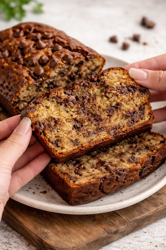 Delicious slice of chocolate chip banana bread on a wooden table
