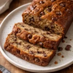 Sliced chocolate chip banana bread on a wooden table