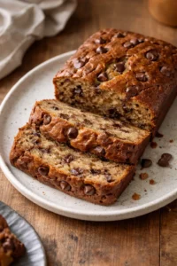Sliced chocolate chip banana bread on a wooden table