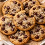 Freshly baked chocolate chip cookies on a cooling rack