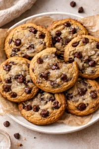 Freshly baked chocolate chip cookies on a cooling rack