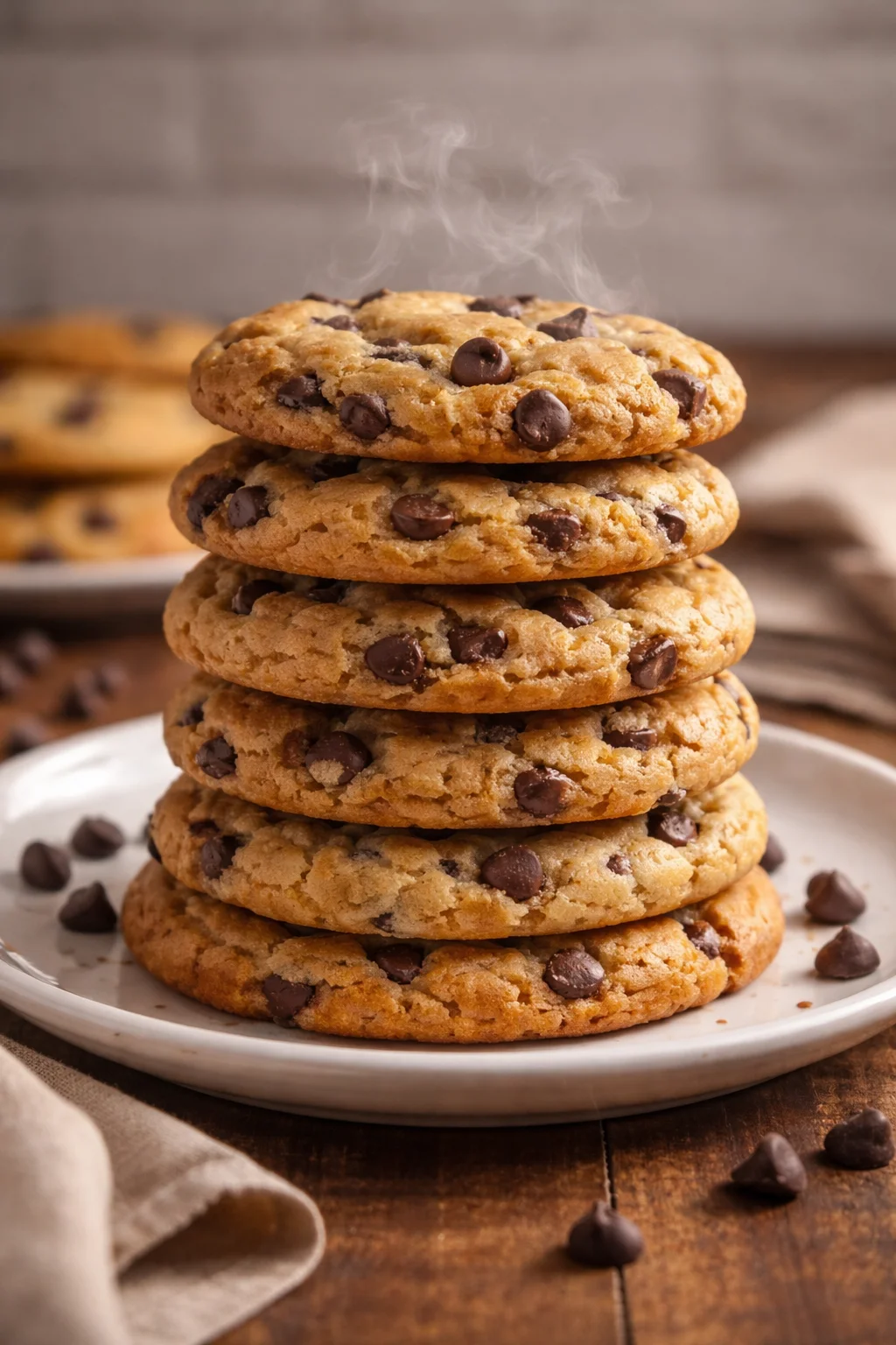 Freshly baked chocolate chip cookies on a plate