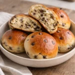 Freshly baked chocolate chip milk buns with a soft and fluffy texture