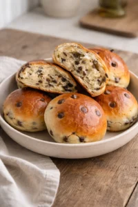 Freshly baked chocolate chip milk buns with a soft and fluffy texture