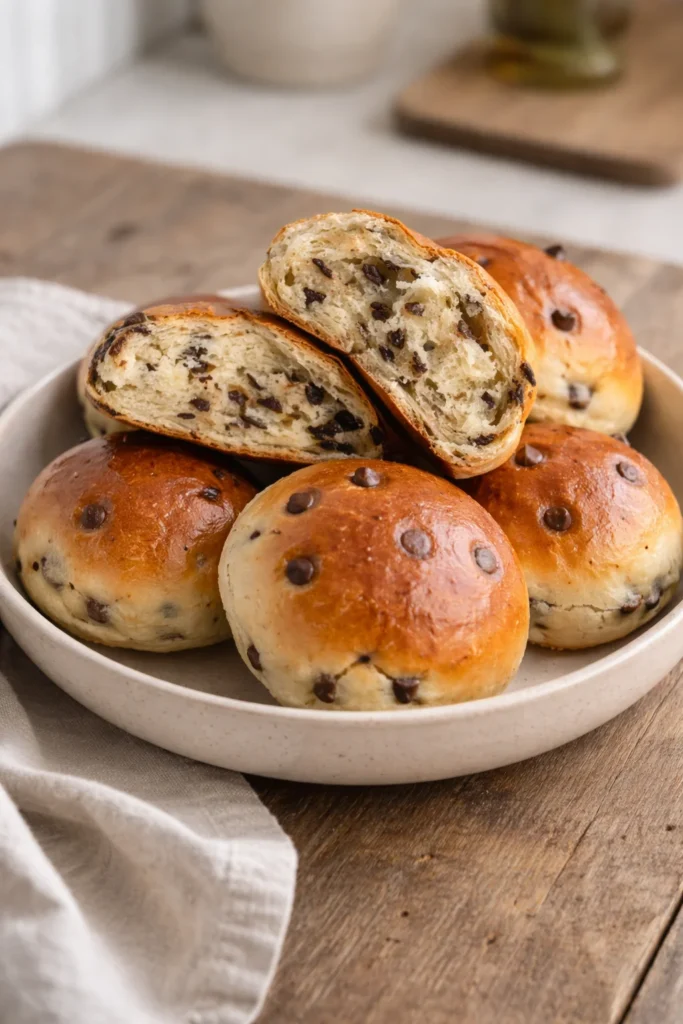 Freshly baked chocolate chip milk buns with a soft and fluffy texture