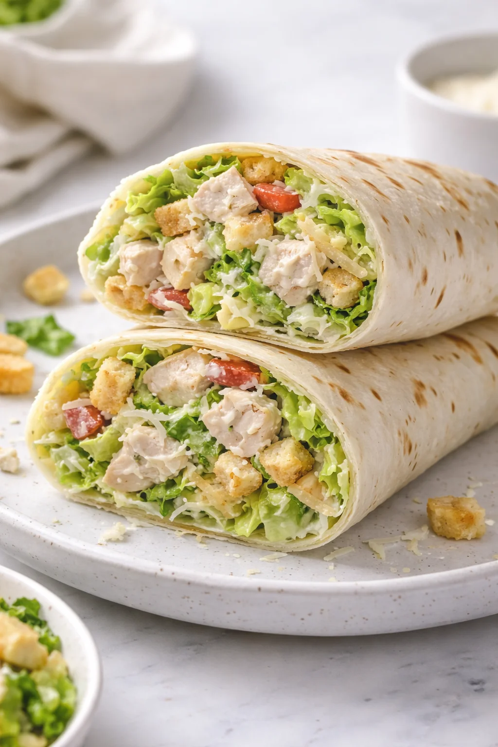 Chopped Chicken Caesar Salad Wrap with fresh ingredients and creamy dressing