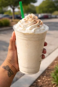 Cinnamon Roll Frappuccino topped with whipped cream and cinnamon.