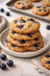 Plate of classic blueberry oatmeal cookies with fresh blueberries