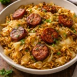 Delicious plate of classic fried cabbage and sausage dish