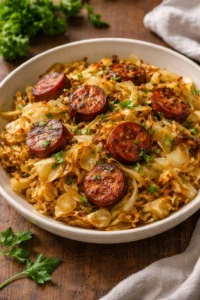 Delicious plate of classic fried cabbage and sausage dish